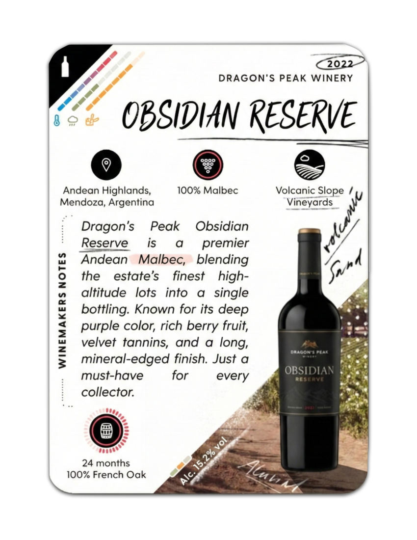 Dragon's Peak Obsidian Reserve wine Mistral Custom WineCard with a bottle illustration on a white background
