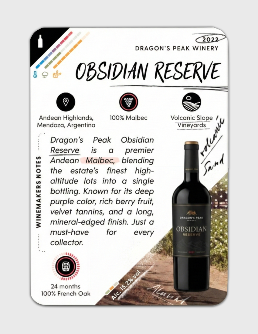 Dragon's Peak Obsidian Reserve wine Mistral Custom WineCard with a bottle illustration on a light grey background