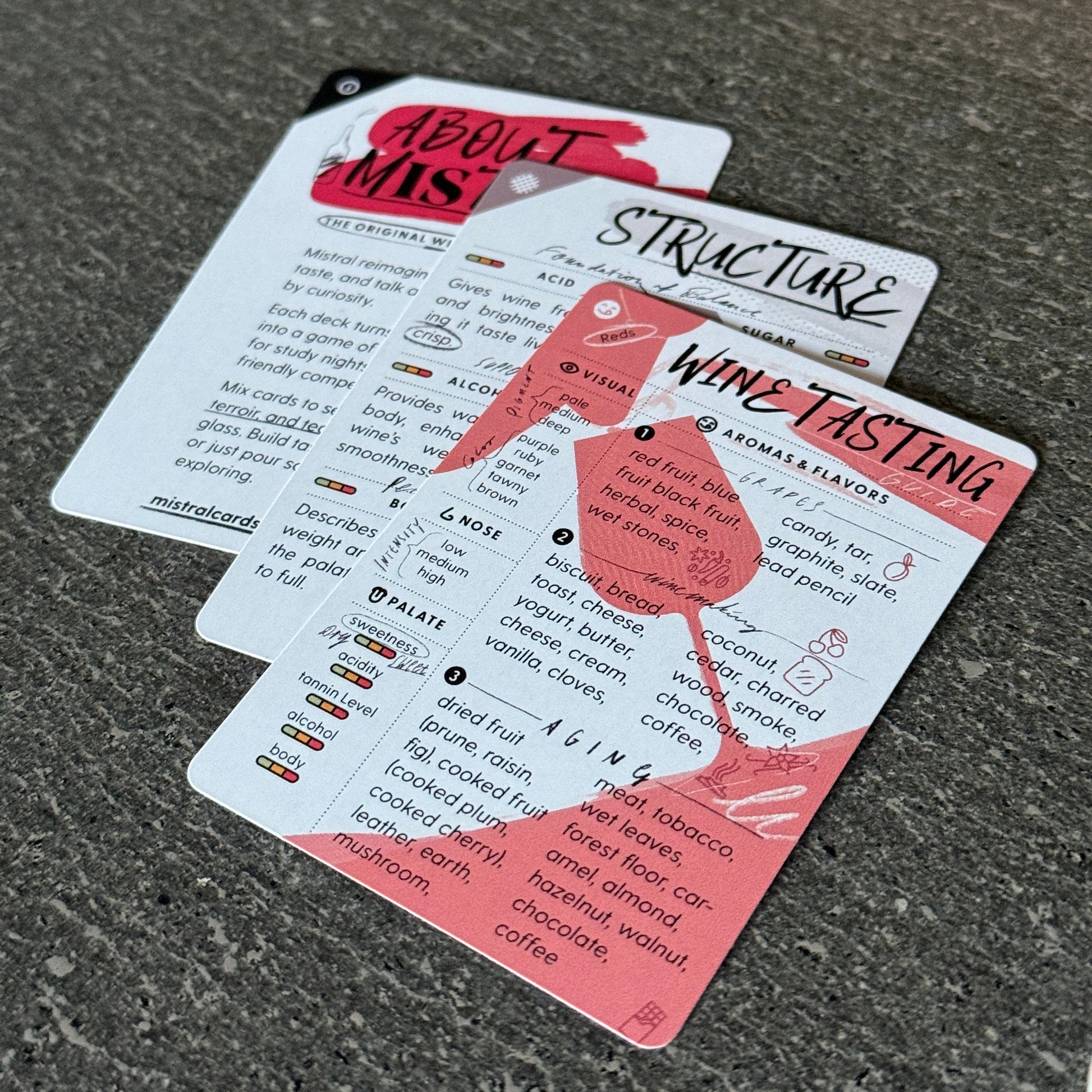 Set of Mistral WineCards wine tasting cards on a textured surface
