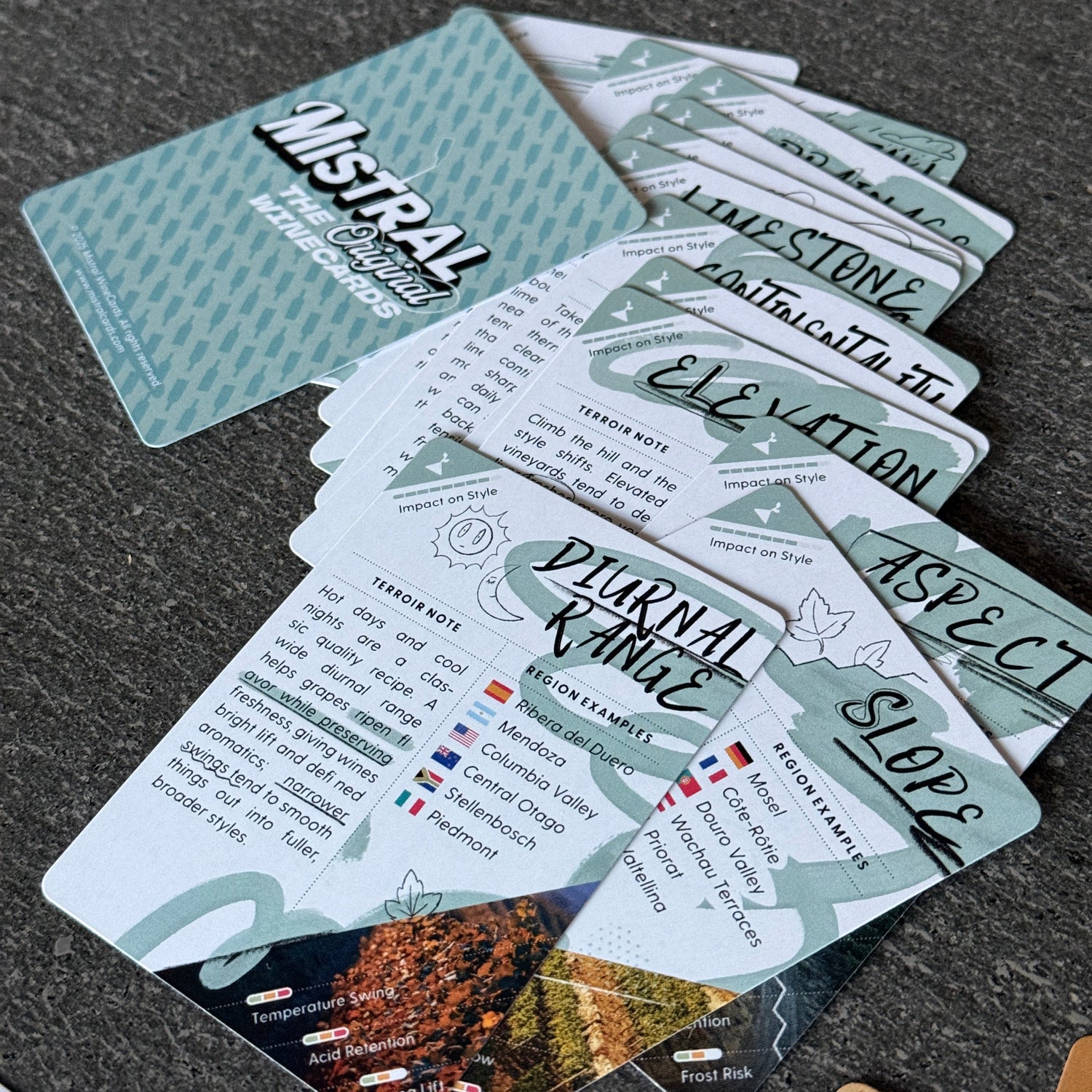 Set of Mistral Terroir WineCards with various designs and text on a textured surface
