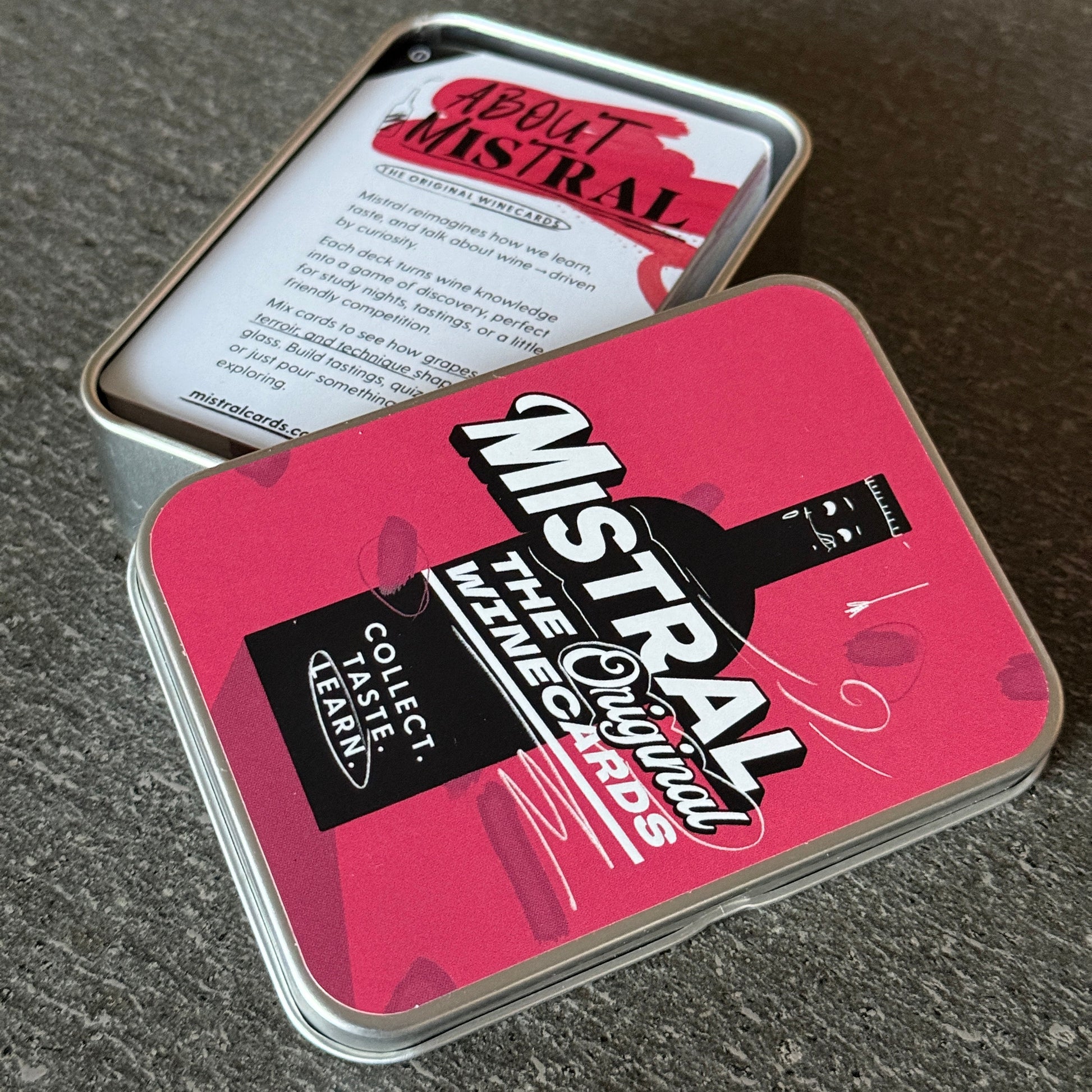 Mistral WineCards box with red label on a dark surface