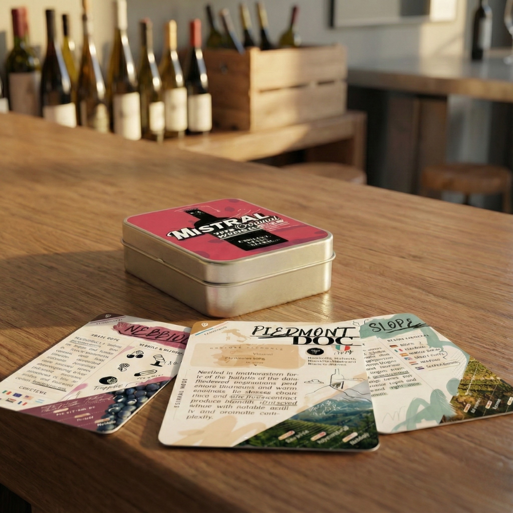 Mistral tin with WineCards on a wooden table