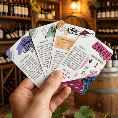 Hand holding wine tasting Mistral WineCards with a wine cellar background