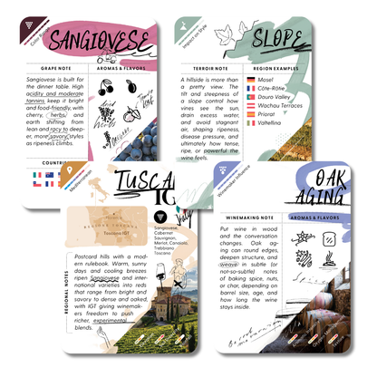 Collection of wine education Mistral WineCards on a white background