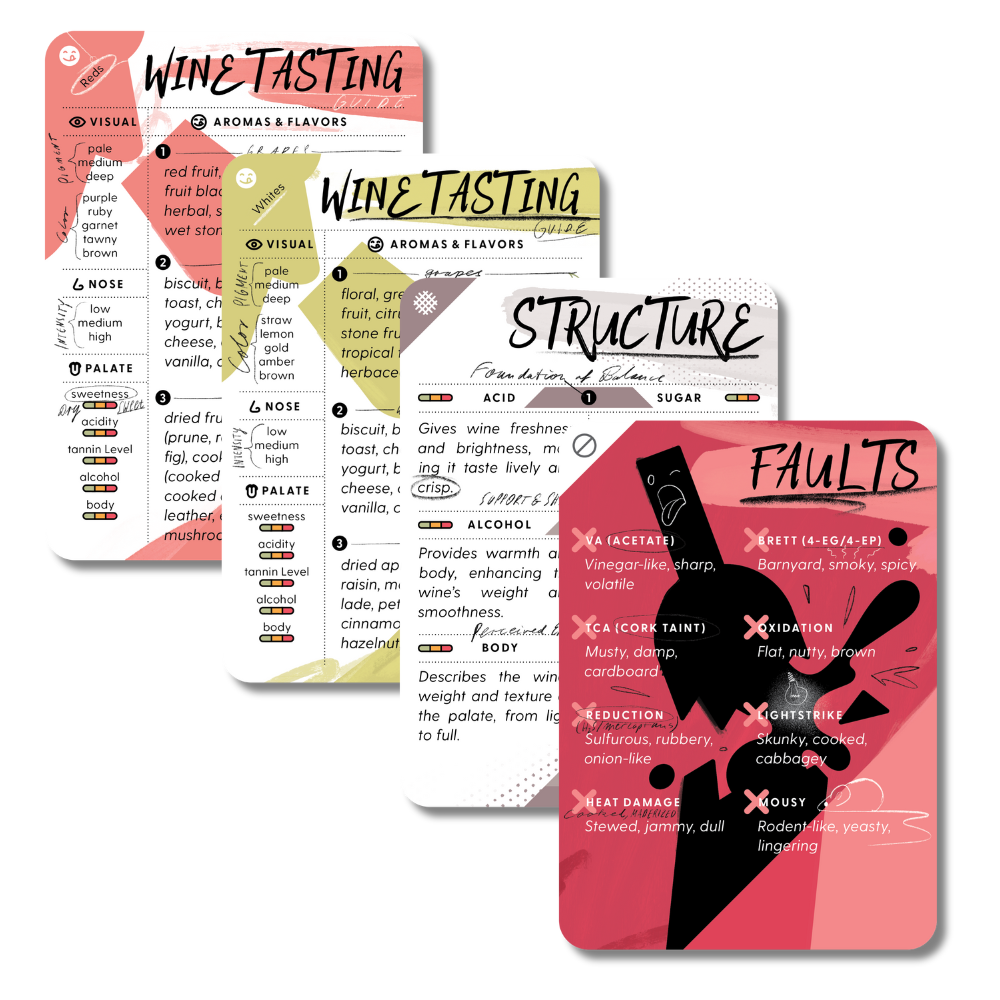 Set of wine tasting Mistral WineCards with various categories on a white background