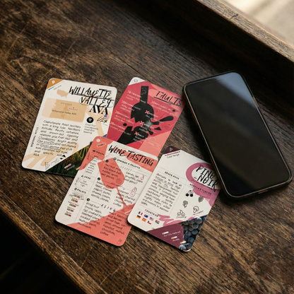 Four wine tasting Mistral WineCards on a wooden surface with a smartphone.