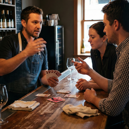 People playing Mistral WineCards at a bar with a bartender.