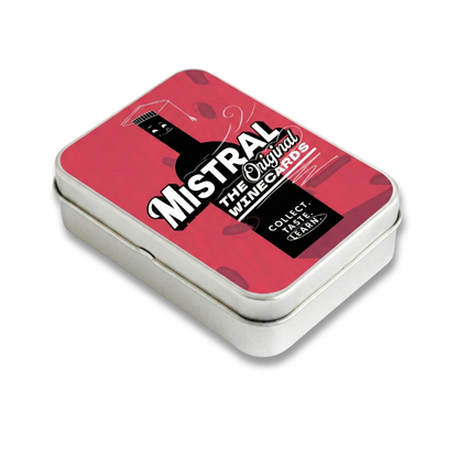 Red tin Mistral WineCards box with 'Mistral' branding on a white background