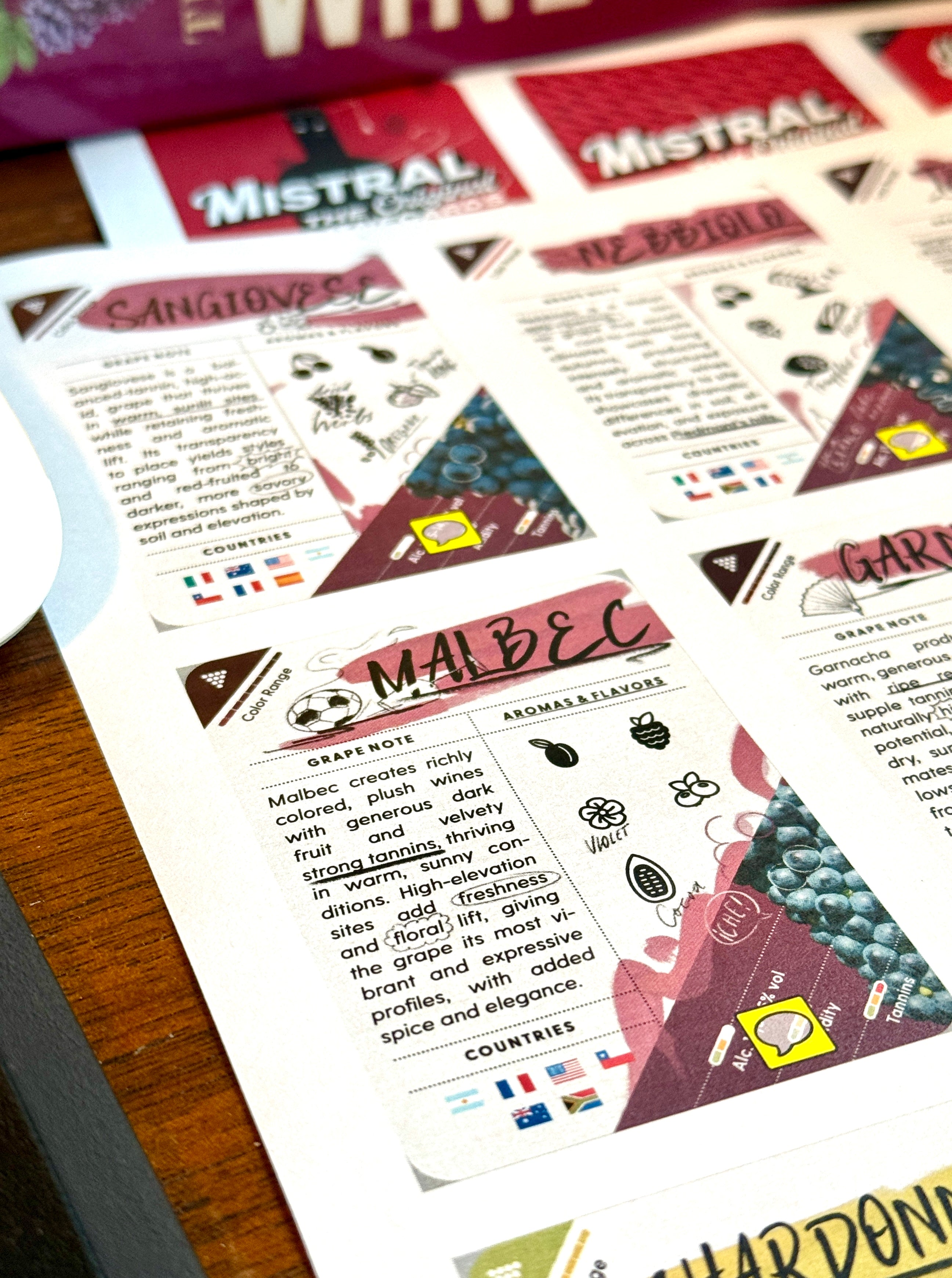 Close-up of Mistral WineCard design sheets with 'Mistral' branding on a wooden surface.