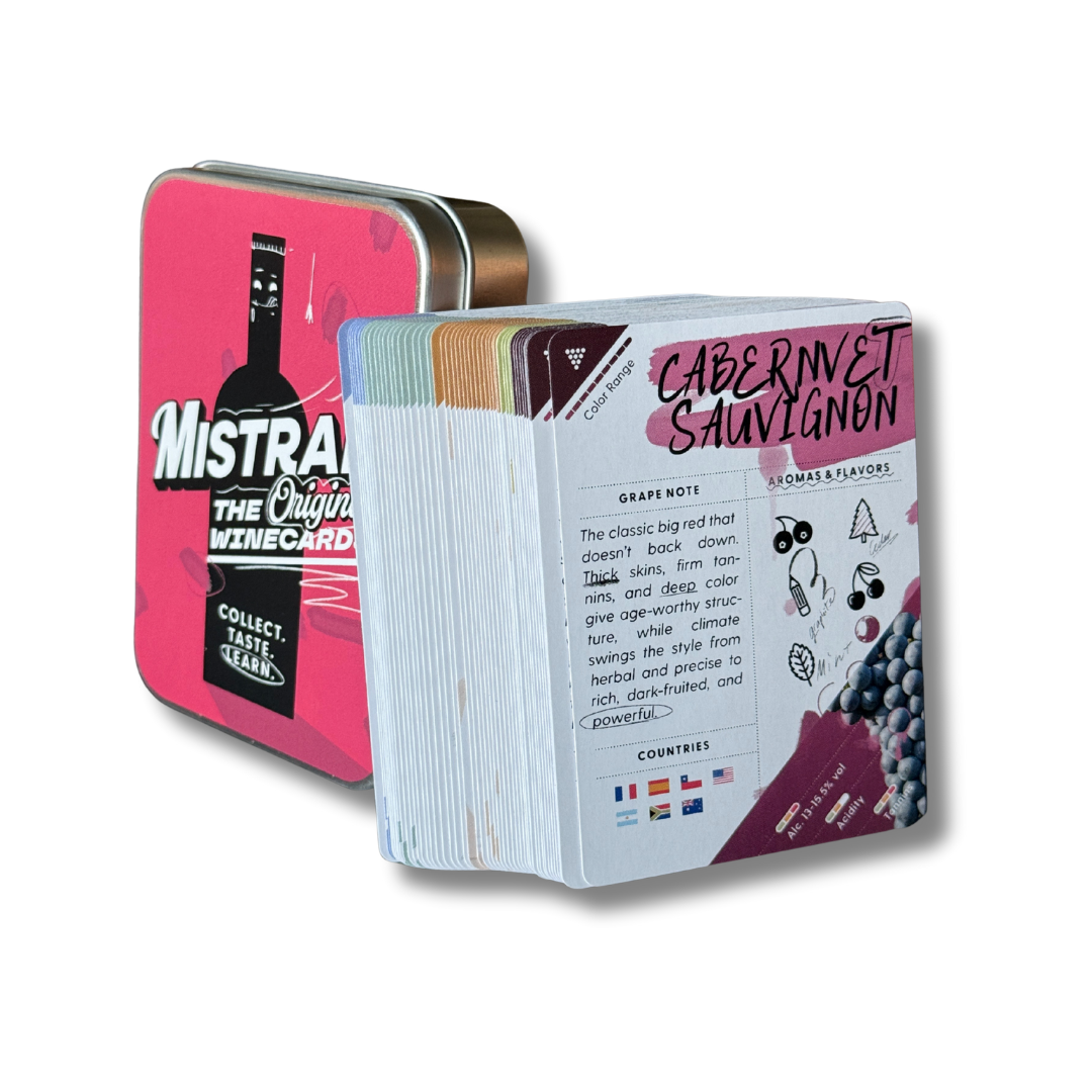 Mistral WineCard packaging with red tin and card deck on a white background