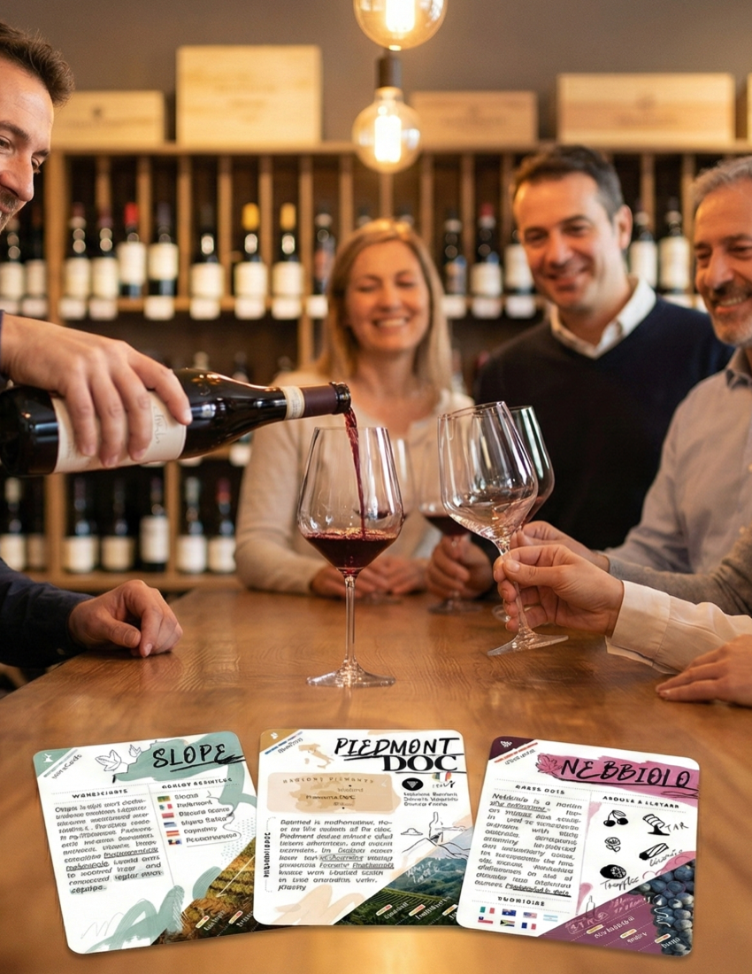 People enjoying wine tasting with Mistral WineCards on a table in a wine shop.